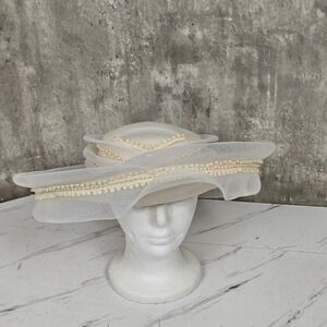 Vintage Church Hat Cream Formal‎ Dress Hat Pearl Beaded Wedding Party